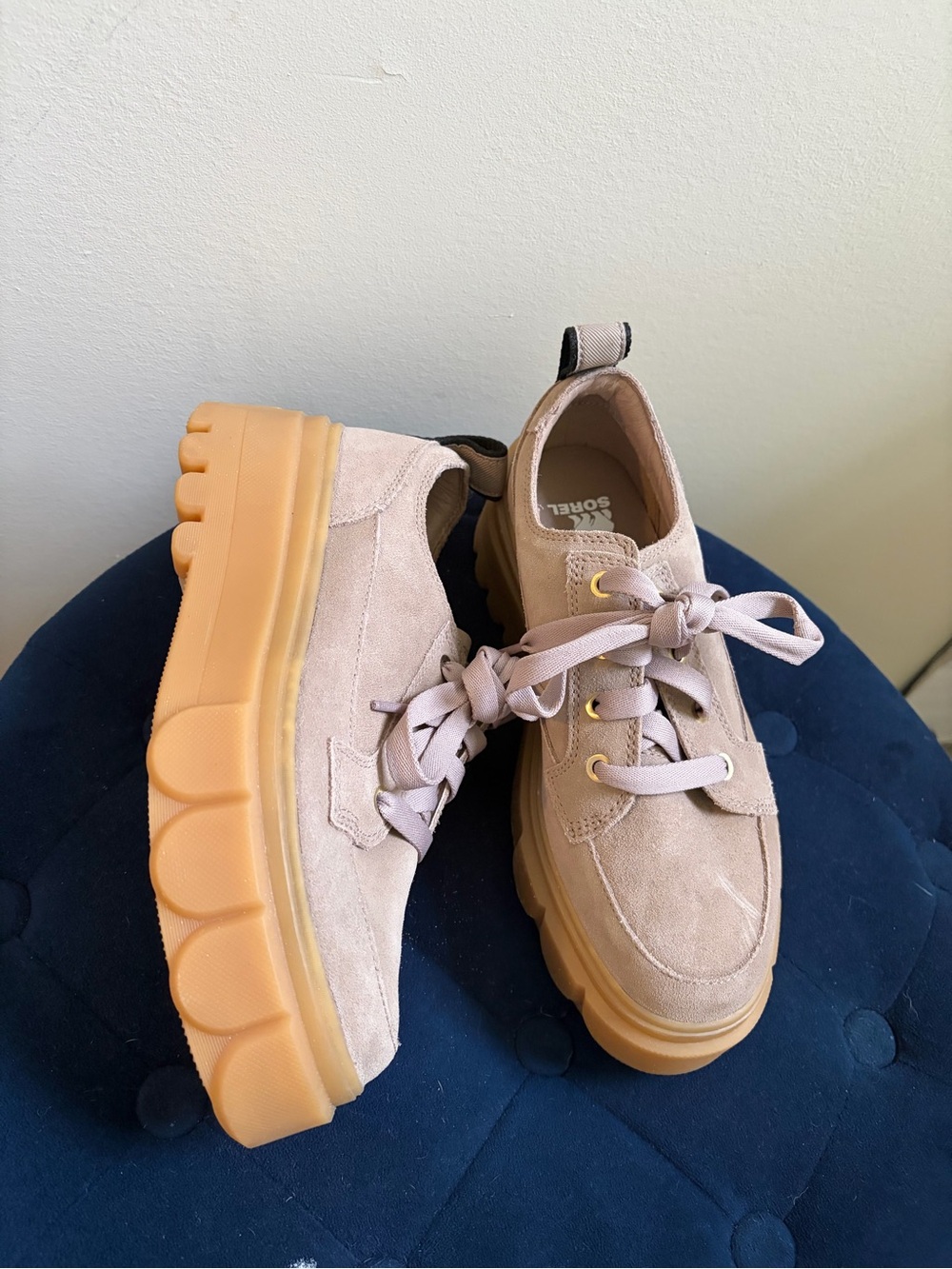 Sorel Suede Platform Sneakers - Beige Upper with Gum Sole